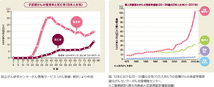 図：子宮頸がんの罹患率と死亡率（日本人女性）国立がんセンターがん対策情報センター / 図：日本における20?39歳の女性10万人当たりの各種がんの発症率推移 国立がんセンターがん対策情報センター、人口動態統計（厚生労働大臣官房統計情報部）